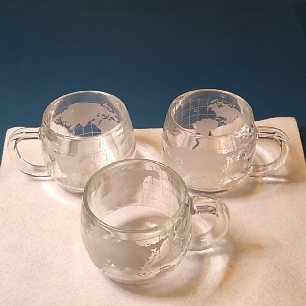 Vintage Nestle Glass World Map Mugs Set (3) READ Mixed